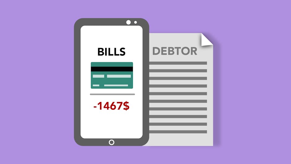 Vector illustration of smartphone with credit card picture and bills inscription placed near debtor document against pur