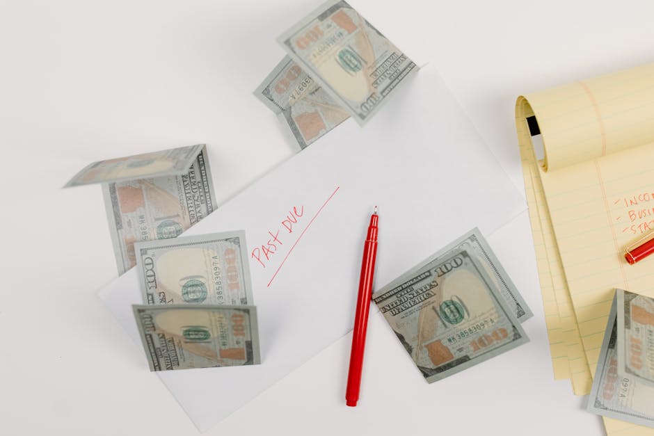 A top-down view of scattered US dollar bills with a  past due  envelope, red pen, and notepad.