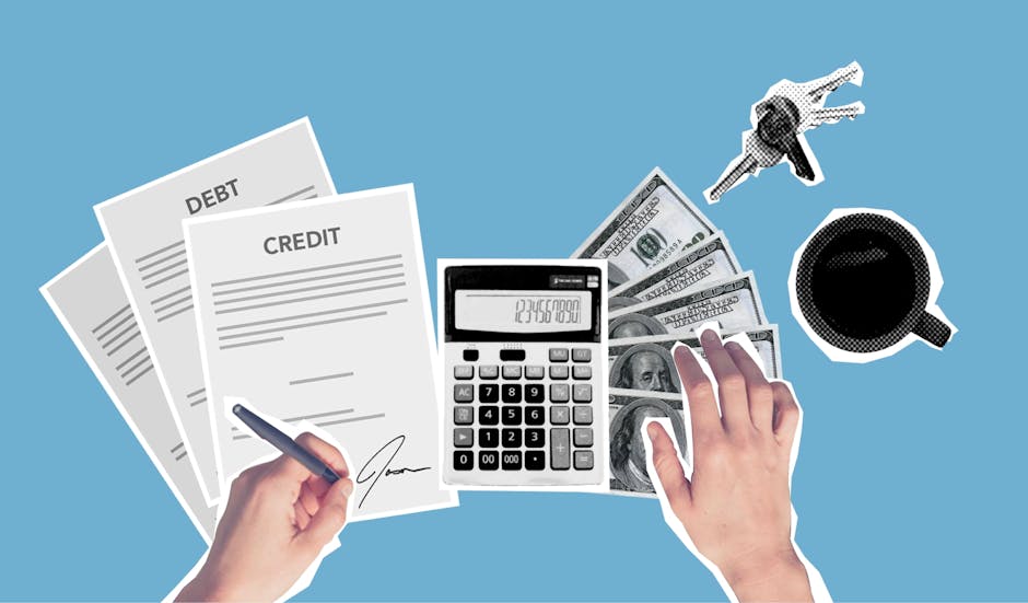 Top view of cutout paper composition of male signing credit paper while counting cash and apartment cost against blue ba